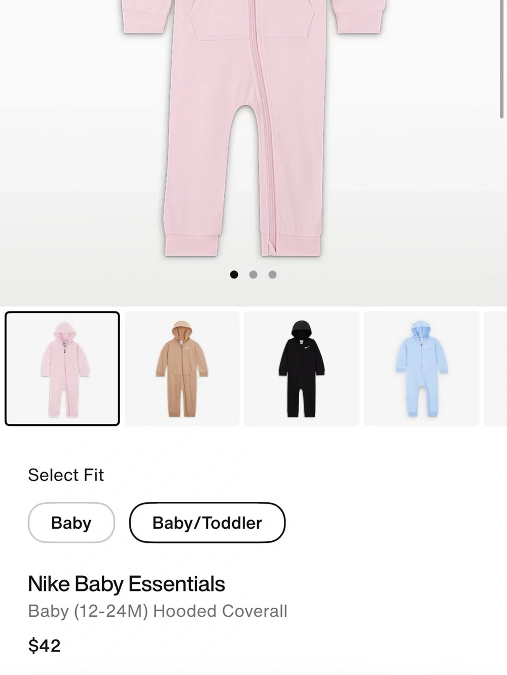Nike Pink Hooded Zip One-Piece Bodysuit for Kids